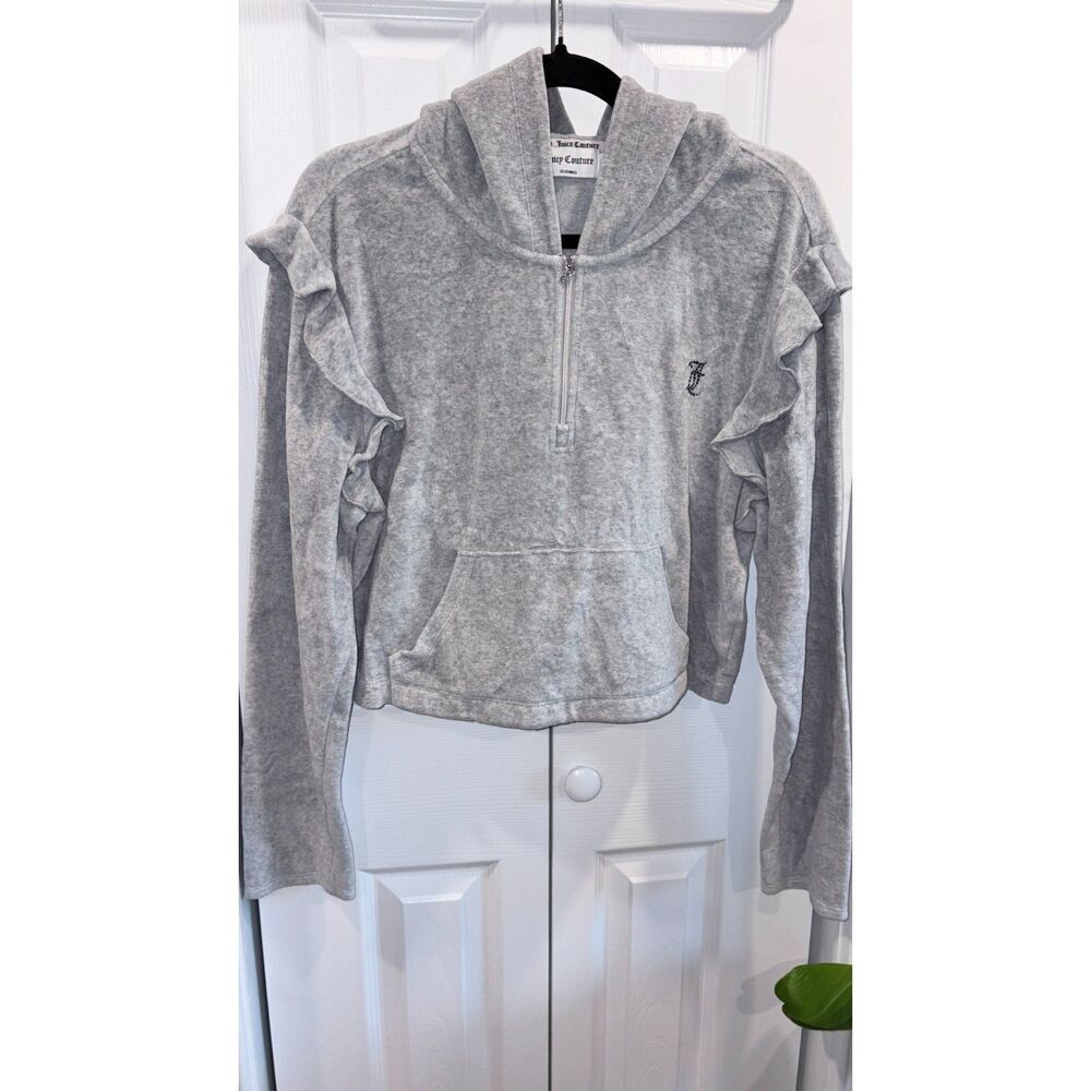 Juicy Couture Gray Velour Ruffle Quarter Zip Hoodie Size XL Y2K Rhinestone J